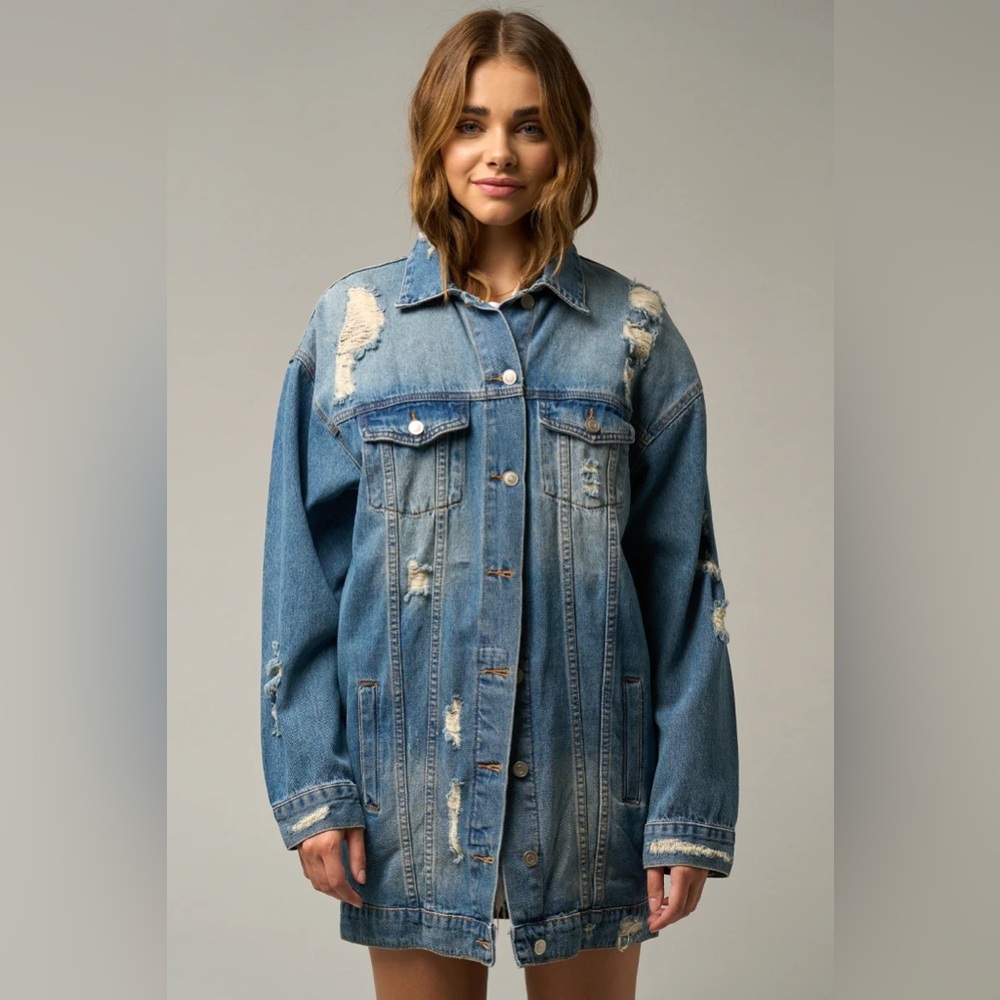 Love fire Long denim jacket distressed